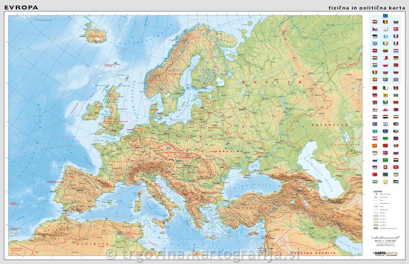 EVROPA, stenski zemljevid - šolska karta 1:5M, 158x108 cm