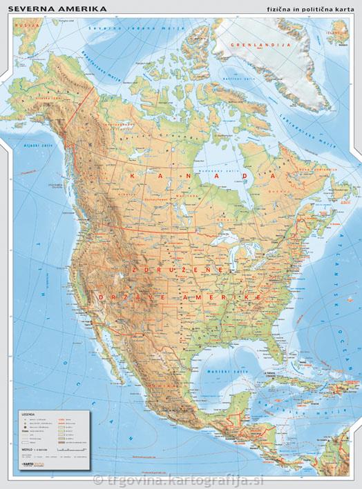 SEVERNA AMERIKA, stenski zemljevid - šolska karta 1:6M, 113x158 cm