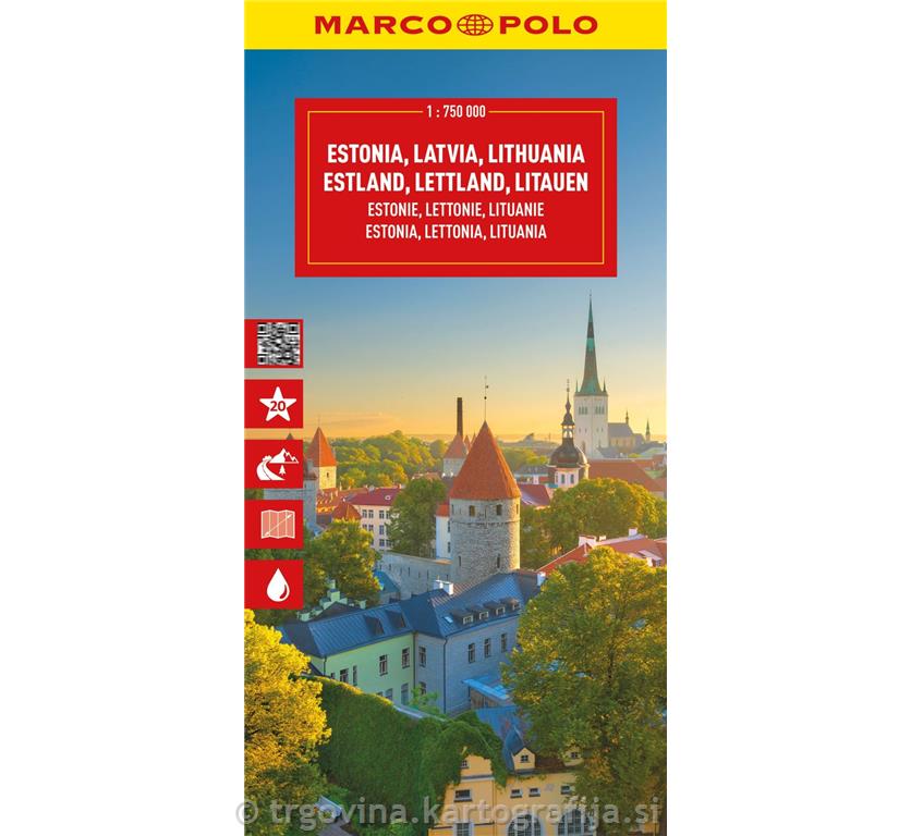 Baltske države: Estonija, Litva, Latvija, avtokarta 1:750.000, 2025