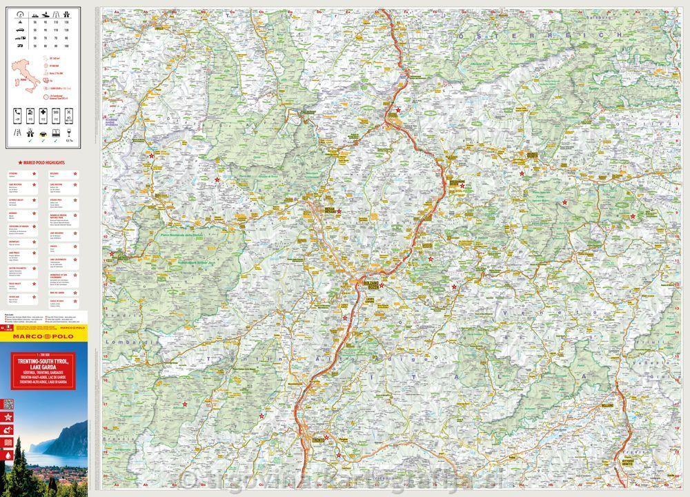 Tirolska, Trentino, Gardsko jezero 1:200.000, avtokarta Italija Sever, 2025