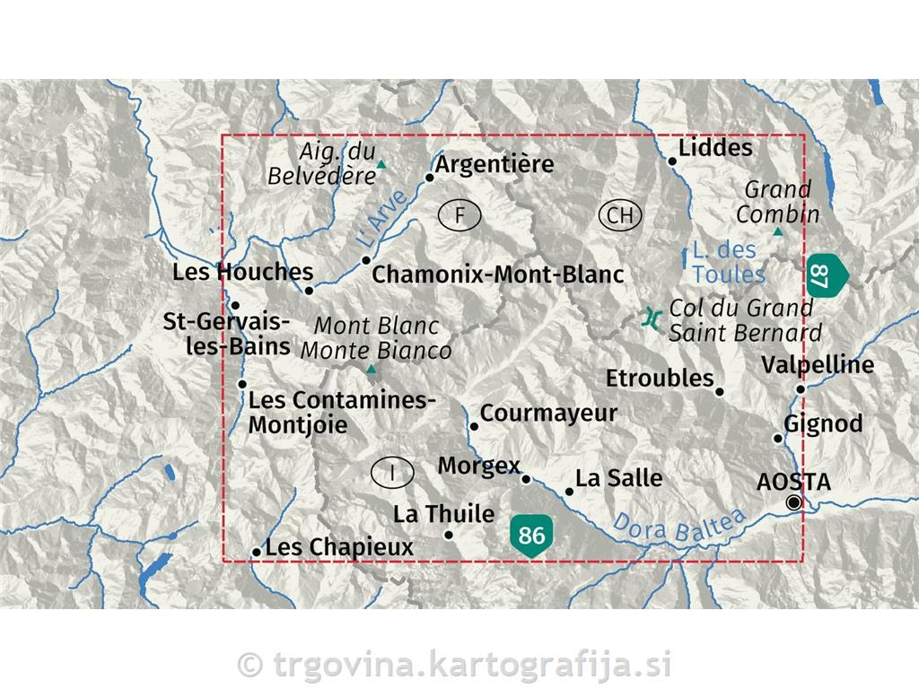 Mont Blanc, pohodniški zemljevid 1:50.000, št. 85, 2025