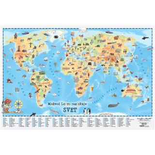 SVET, velika otroška stenska karta Medved Lovro 158x111 cm, ceradno platno